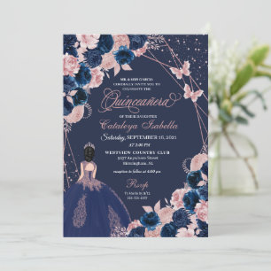 Convites Marinho Blue & Pink Butterfly Princess Quinceanera