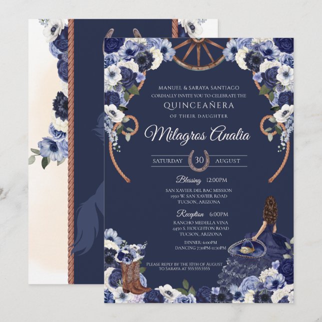 Convites Marinho Blue Russo Western Charro Quinceanera (Frente/Verso)