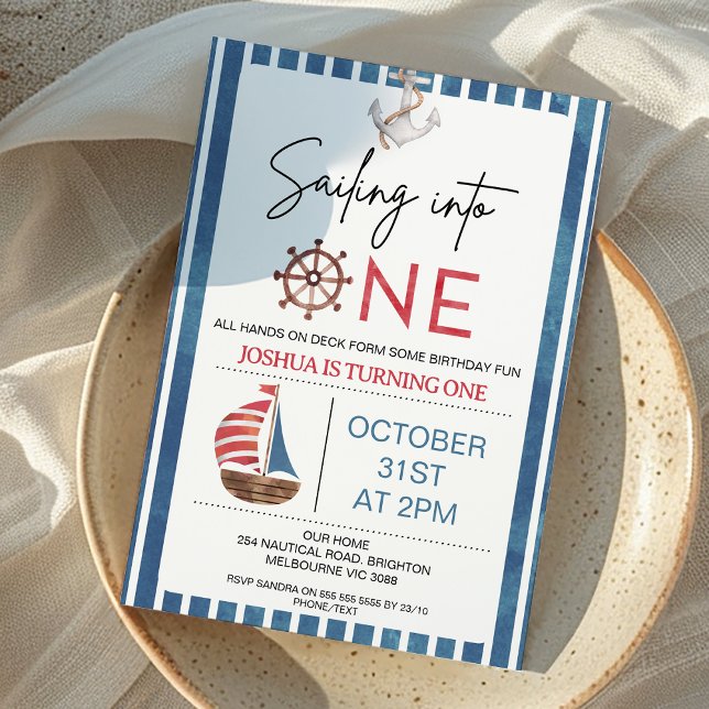 Convites Marinho Blue Sailboat navegando em um primeiro ani (Navy Blue and Red Sailing into One First Birthday Invitation Nautical Sailing into One 1st Birthday)