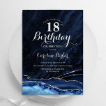 Convites Marinho Blue Silver Agate Marble 18º aniversário<br><div class="desc">Marinho azul e prata agate 18º convite de aniversário. Elegante design moderno com cor azul-real de água agate marble geode fundo, faux glitter prata e script de tipografia. Trendy convida o cartão perfeito para uma comemoração de dia das mulheres na moda. Impressos convites Zazzle ou modelo de impressão digital instantânea...</div>