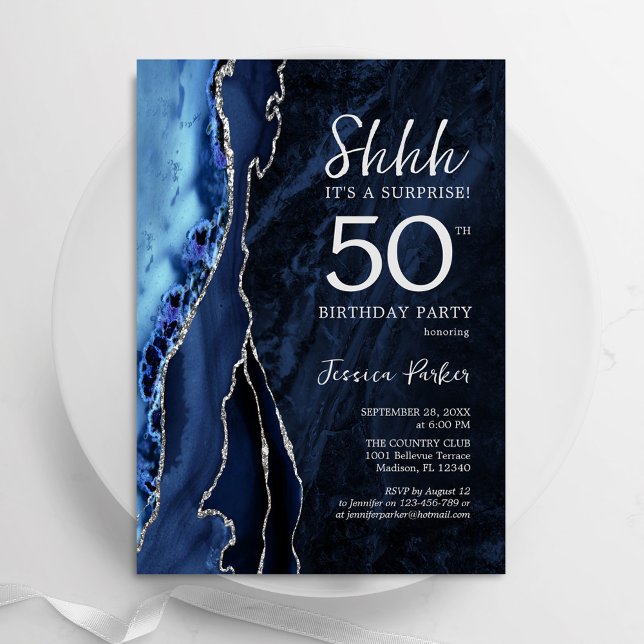 Convites Marinho Blue Silver Agate Surprise 50th Birthday (Criador carregado)