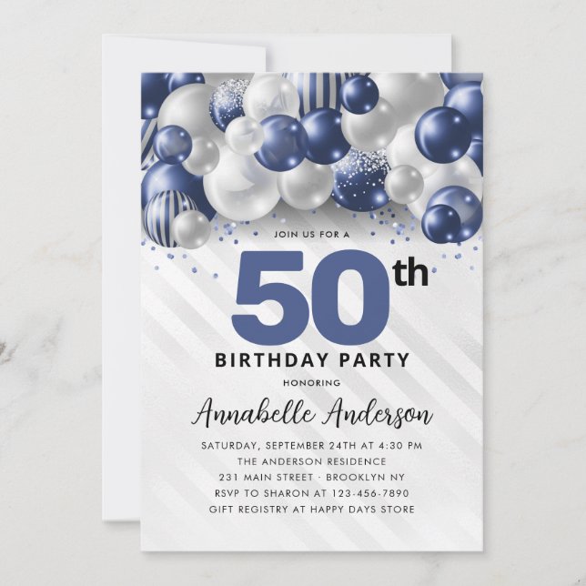 Convites Marinho Blue Silver Balloon Glitter 50º Aniversári (Frente)