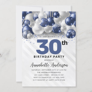 Convites Marinho  Blue Silver Balloon Glitter aniversário d