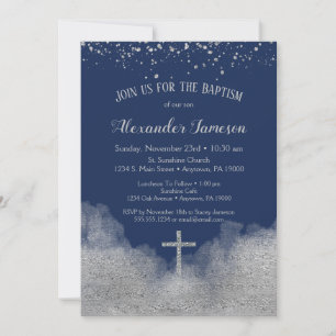Convites Marinho Blue Silver Confetti Baptism