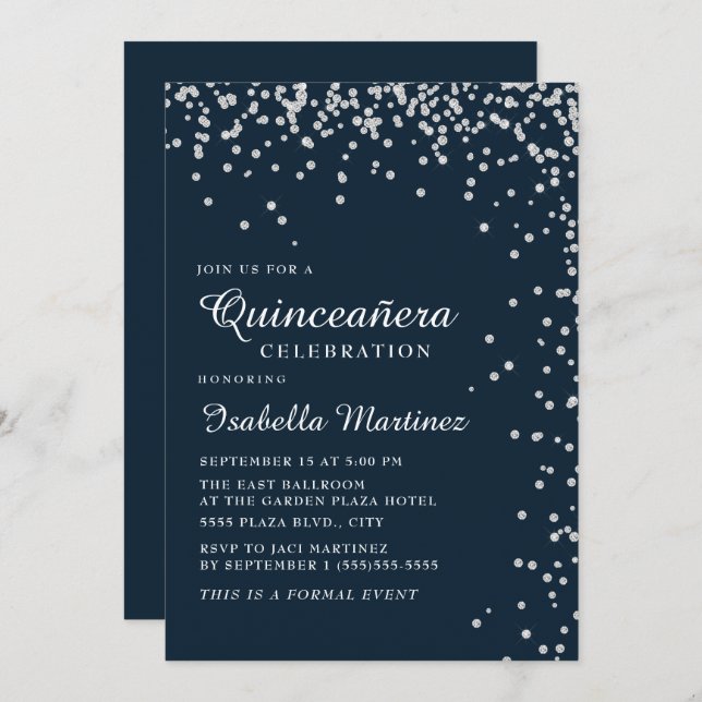 Convites Marinho Blue Silver Diamond Confetti Quinceañera (Frente/Verso)