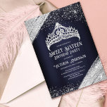 Convites Marinho Blue Silver Glitter Princess Tiara Sweet 1<br><div class="desc">Este convite de aniversário glamouroso e giramente doce dezesseis é perfeito para a na moda e moça. Ele apresenta uma coroa de tiara prateada cintilante imprimida com poeira brilhante prateada esplêndida e esplêndida em um fundo metálico marinho azul-sonho. É elegante, bonito, luxuoso e moderno; o design perfeito para impressionar seus...</div>