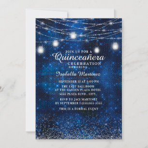 Convites Marinho Blue Silver Glitter String Light Quinceañ