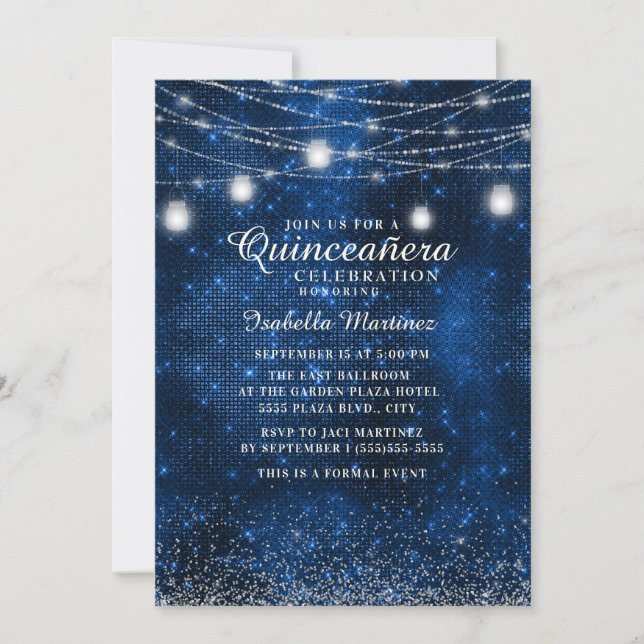 Convites Marinho Blue Silver Glitter String Light Quinceañe (Frente)