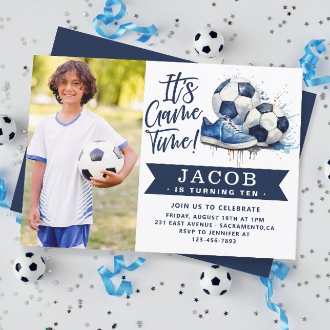 Convites Marinho Blue Soccer Kids Watercolor Foto (Criador carregado)