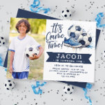 Convites Marinho Blue Soccer Kids Watercolor Foto<br><div class="desc">Esportes modernos, modernos e dinâmicos, futebol fotográfico / aniversário de criança de futebol, perfeito para jovens entusiastas do futebol. Design apresenta o script de tipografia '' seu tempo de jogo'', a ilustração de aquarela com uma bola de futebol e calçados em cores azuis de tendência, fotos de solteiro e detalhes...</div>