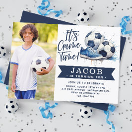 Convites Marinho Blue Soccer Kids Watercolor Foto