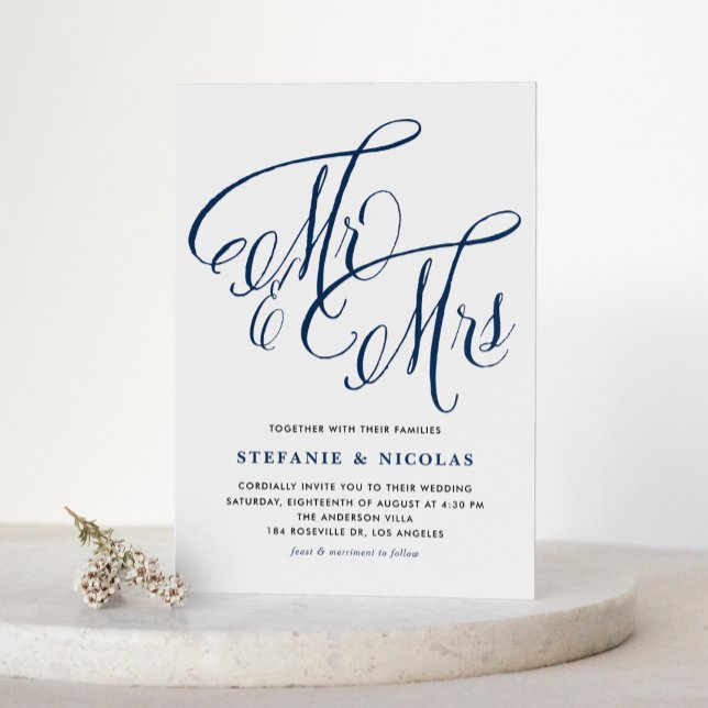 Convites Marinho Blue Sra. e Sra. Rustic Script QR Code Wed (Navy Blue Mrs and Mrs Rustic Calligraphy QR Code Wedding Invitation)