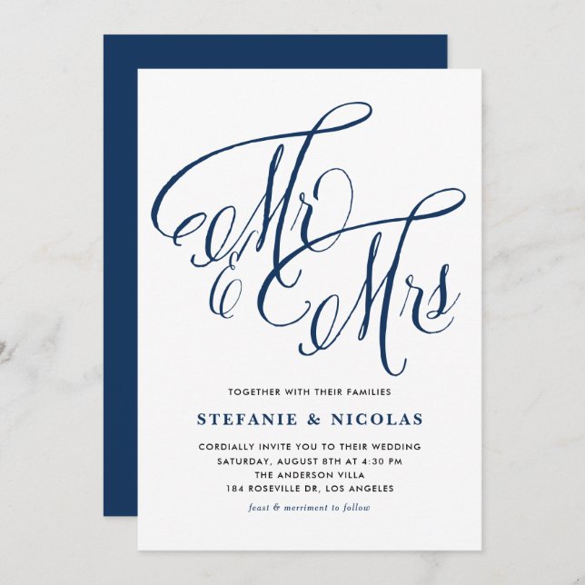 Convites Marinho Blue Sra. e Sra. Rustic Script Wedding (Frente/Verso)