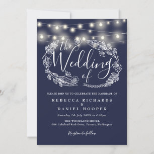 Convites Marinho Blue String Lights Script Weding