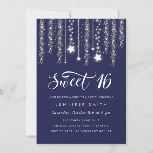 Convites Marinho Blue String Lights Sweet 16 Invitation
