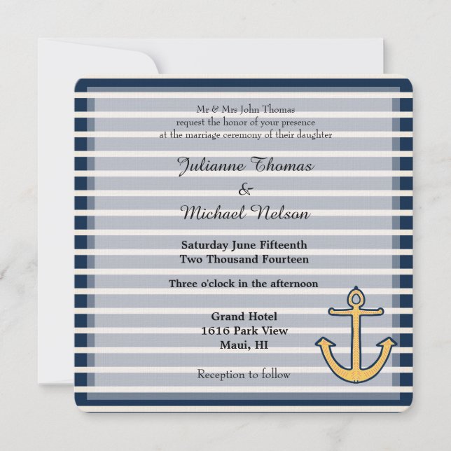 Convites Marinho Blue Stripes Anchor Casamento (Frente)