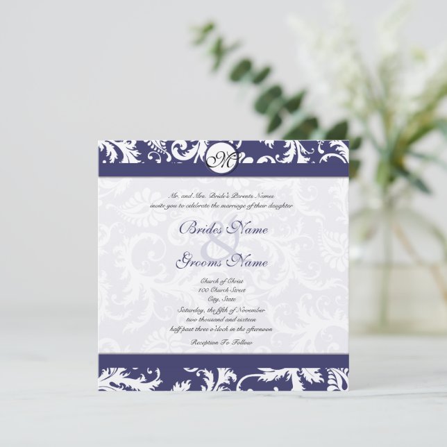 Convites Marinho Blue Vintage Floral Damask Monograma Casam (Em pé/Frente)