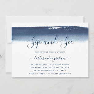 Convites Marinho Blue Watercolor Baby Boy Sip and See