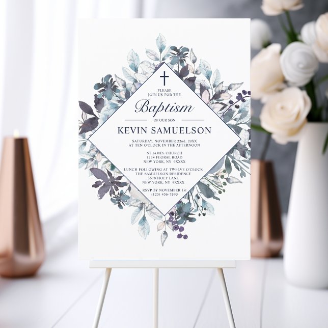 Convites Marinho Blue Watercolor Baptism Christening (Navy Blue Watercolor Baptism Christening Boy Invitation)