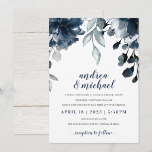 Convites Marinho Blue Watercolor Buquê Floral Casamento