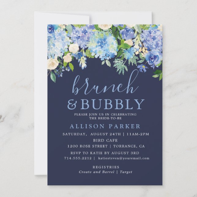 Convites Marinho Blue Watercolor Hydrangea Brunch e Bubble (Frente)