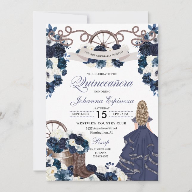 Convites Marinho Blue Western Ranchero Quinceanera (Frente)