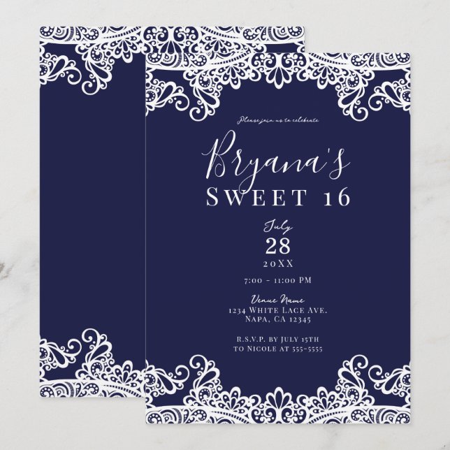 Convites Marinho Blue & White Lace Elegante Sweet 16 Party (Frente/Verso)