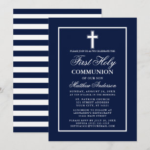 Convites Marinho Blue White Stripes Primeira Comunhão Sagr