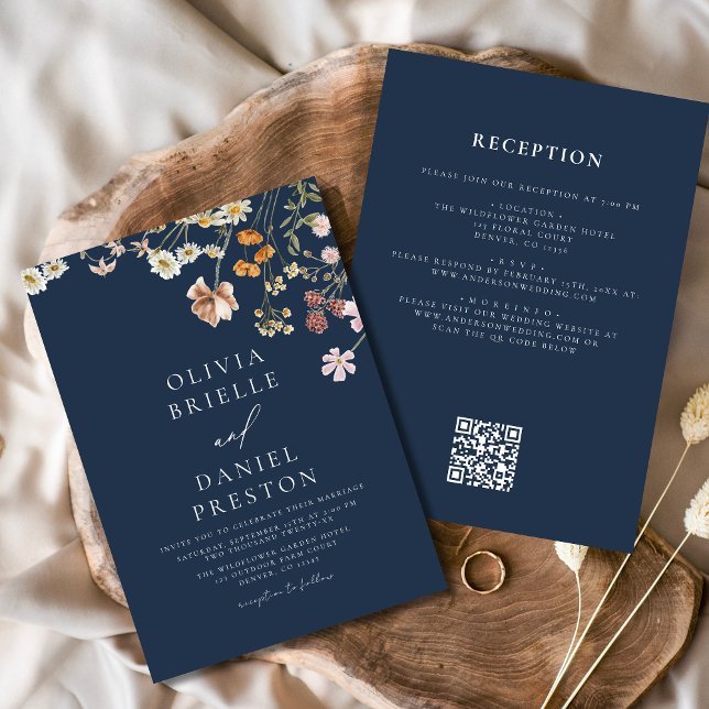 Convites Marinho Blue Wildflower All in One QR Code Weding (Criador carregado)