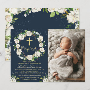 Convites Marinho Blue Winter Floral Girl Baptism Photo