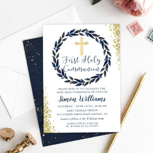 Convites Marinho Blue Wreath Dourado Glitter Primeira Comun