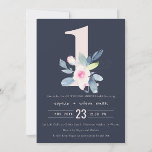 Convites MARINHO BLUSH BLUE FLORAL 1 rua ANO ANIVERSÁRIO