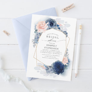 Convites Marinho Blush Blue Floral Moderno Chá de panela