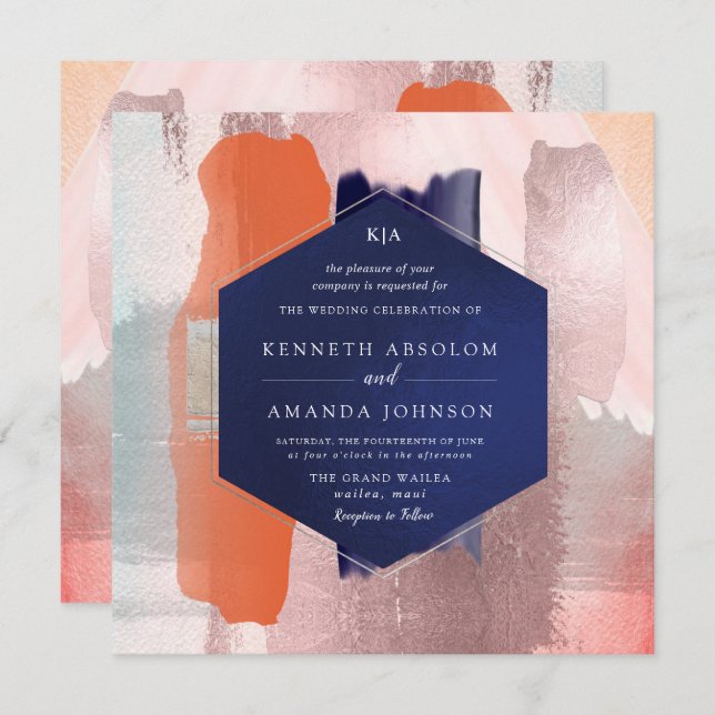 Convites Marinho Blush de Coral de Arte Moderna do Bloco de (Frente/Verso)