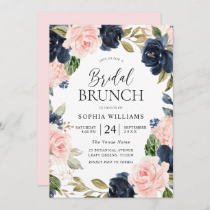 Convites Marinho Blush Floral Wreath Chá de panela Brunch