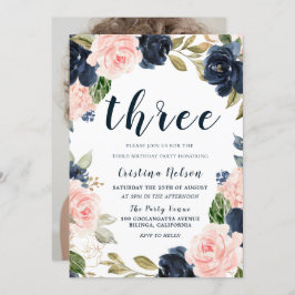 Convites Marinho Blush Flowers, aniversário de 3 anos Party