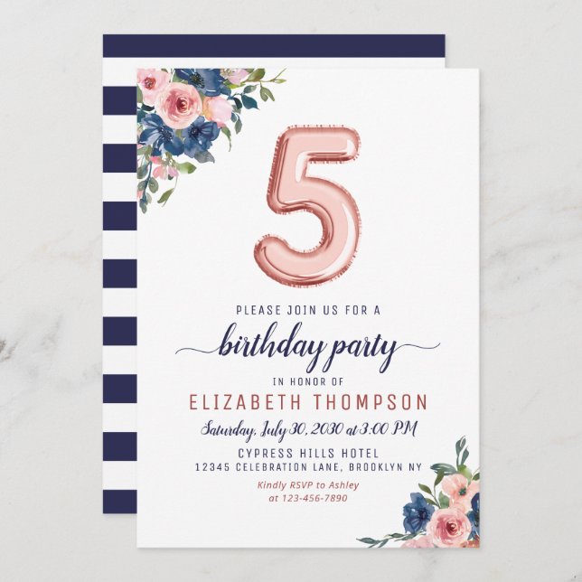 Convites Marinho Blush Rosa do Balão Dourado 5 Blush Aniver (Frente/Verso)