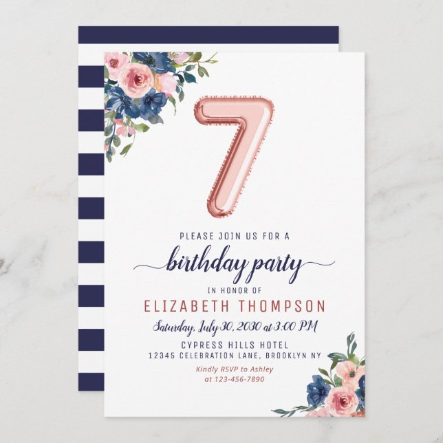 Convites Marinho Blush Rosa do Balão Dourado 7 Blush Aniver (Frente/Verso)