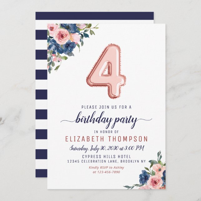 Convites Marinho Blush Rosa Dourado Balão de  Floral 4º Ani (Frente/Verso)