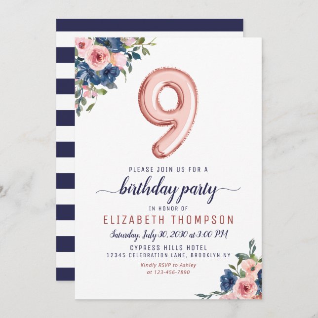 Convites Marinho Blush Rosa Dourado Balão de  Floral 9º Ani (Frente/Verso)