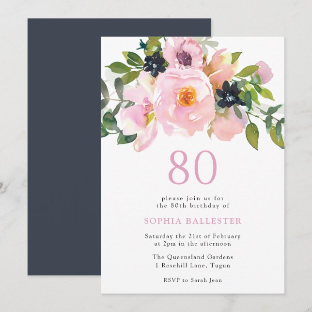 Convites Marinho Blush Watercolor Flowers 80 Festa de anive (Frente/Verso)