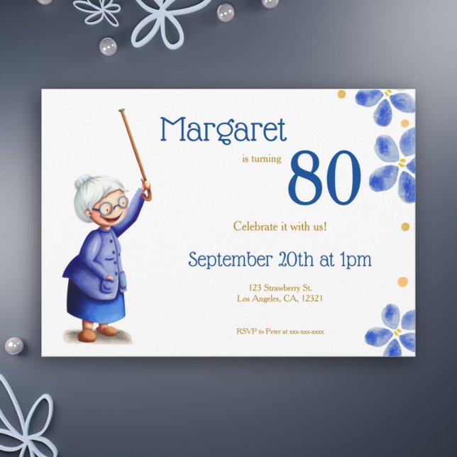 Convites Marinho bonito e mulher branca, com flores de cana (Cute grandma's 80th birthday floral invitation)