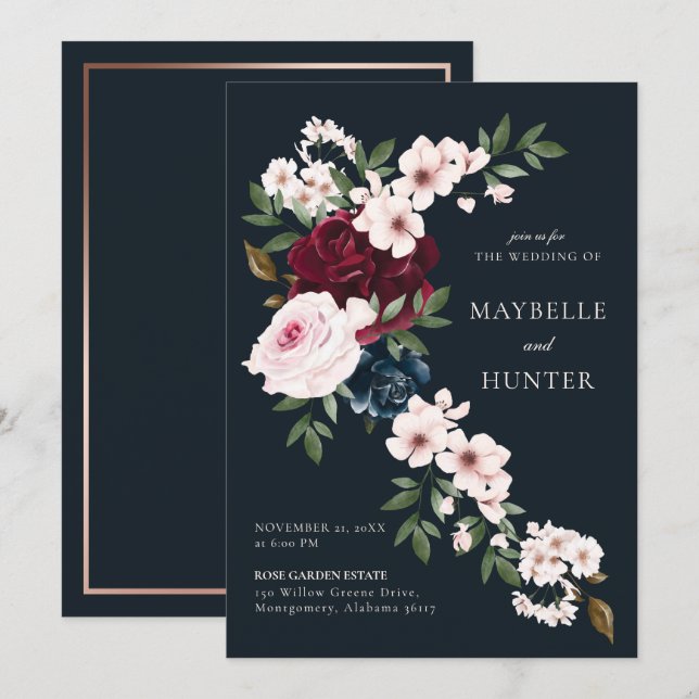 Convites Marinho Borgonha Aquarela Floral Elegante (Frente/Verso)