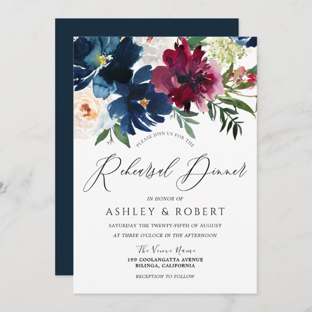 Convites Marinho, Borgonha e Janto de Ensaio Floral (Frente/Verso)