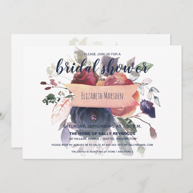 Convites Marinho Borgonha Elegante Chá de panela Floral (Frente/Verso)