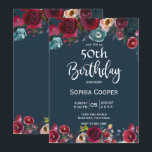 Convites Marinho Borgonha Elegante - Festa de aniversário F<br><div class="desc">Moderno, Elegante, Borgonha Vinho Marsala Marinho Watercolor Floral 50º Modelos Convites de aniversário. Chich burgundy, marsala, rosas de aquarelas pintadas por marinho, design com folhas verdes sobre fundo azul de marinho, com revestimento de cor azul esbranquiçado botânico. Apresenta um elegante design de tipografia manuscrita. Excelente de festa de aniversário para...</div>