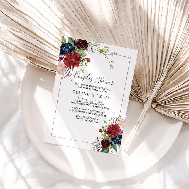 Convites Marinho Borgonha Moderna Blush Casal Floral Chá (Criador carregado)