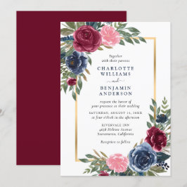 Convites Marinho Borgonha Personalizado Azul Dourado Floral