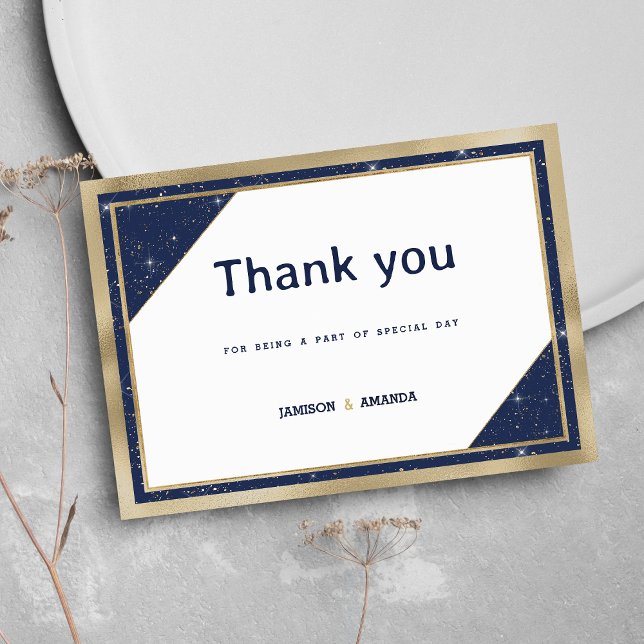 Convites Marinho branco, azul, brilho geométrico Obrigado (White gold navy blue glitter geometric Thank You)