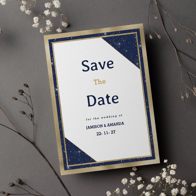 Convites Marinho branco, azul-brilho, salvar a data (White gold navy blue glitter glam Save The Date )